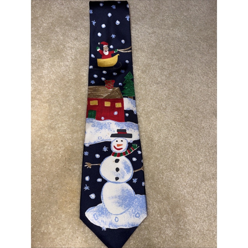 Save The Children Laura Tie Here Comes Santa Snowman Blue White Christmas